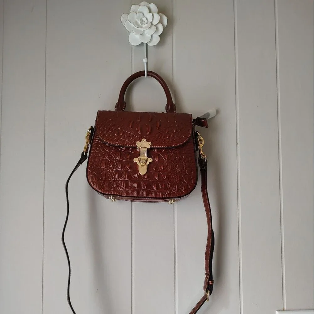 Brown Structured Crocodile Pattern Leather Handbag Shoulder. Quiet Luxury